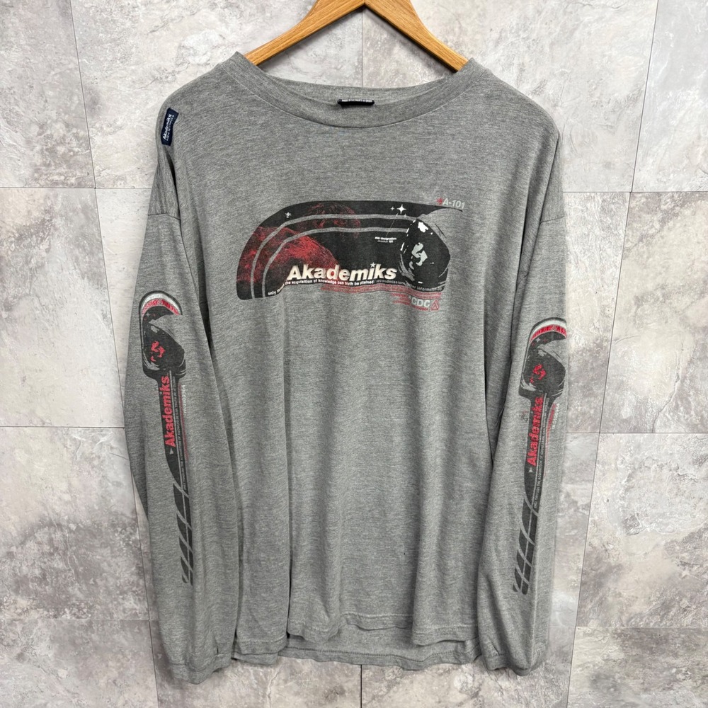 Akademiks Men XL Long Sleeve Graphic Tee Gray Gene Research Space Y2K Streetwear